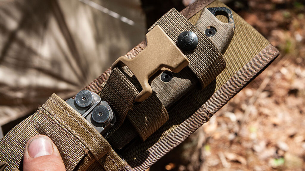 ESEE Knives has a knife sheath with a pouch for carrying extra items or a tin.