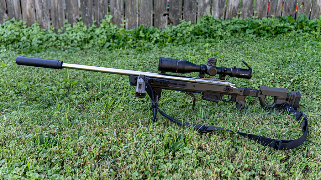 A bipod on a long-range rifle provides a stable prone position.