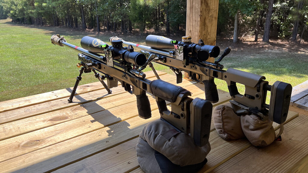 A pair of long-range rifles staged prior to shooting the next course of fire. 