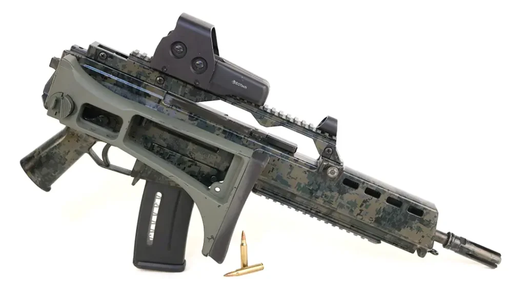 The HK G36C features a folding stock.