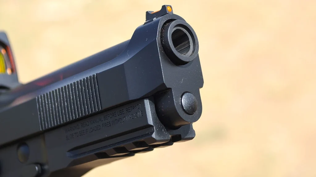 The pistol uses a slightly shorter barrel, measuring 4.25 inches.