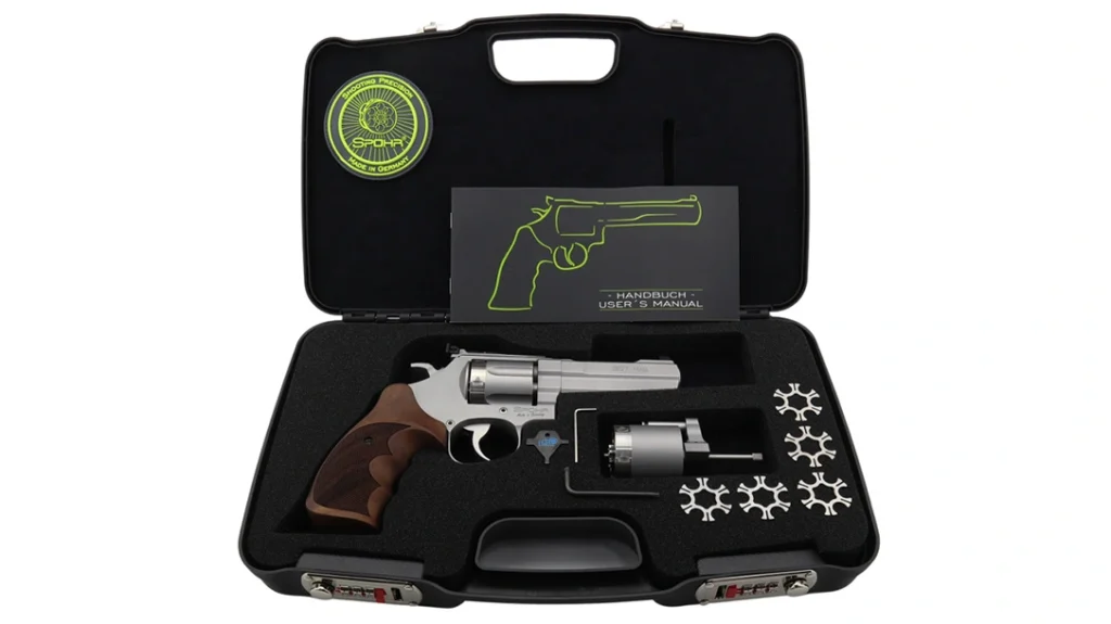 The revolver comes in a black code-locked case with precision-cut foam inserts lined with a velvet-like material.