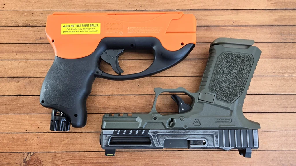 The pepper ball pistol is about the same size as the author’s Glock 19.