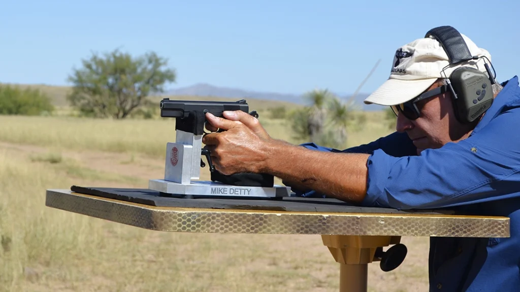 The author shooting the Century Arms Centurion 14 from the bench.