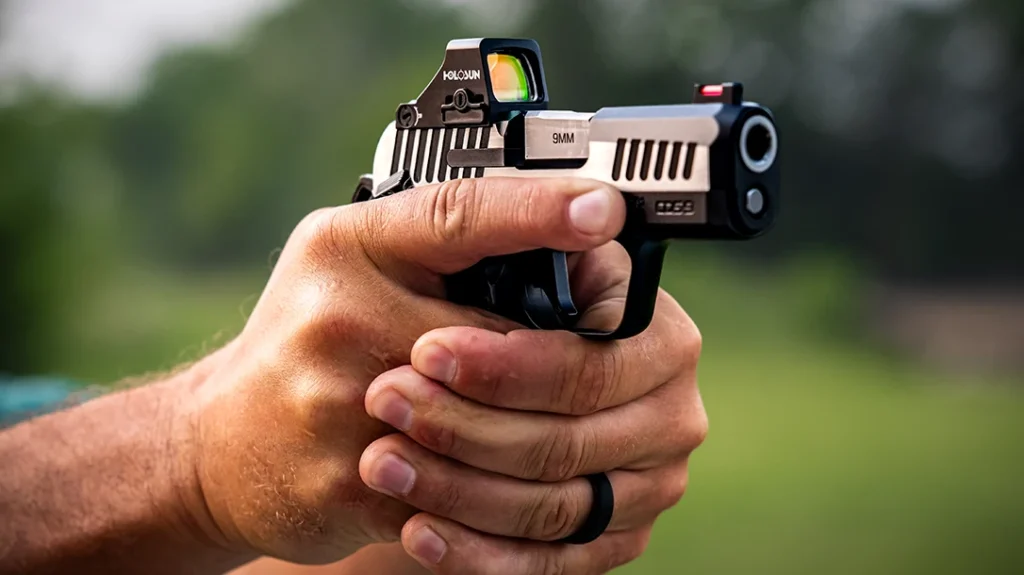 Dimensions are compact: 5 inches tall with the 13-round magazine, 1.1 inches wide, and a 3.18-inch match-grade stainless steel barrel.