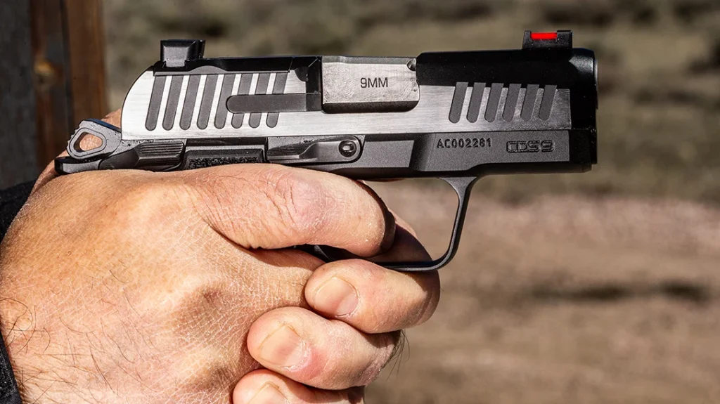 The flat-faced trigger with a vertical brake point breaks crisply at about 3.5-4 pounds.