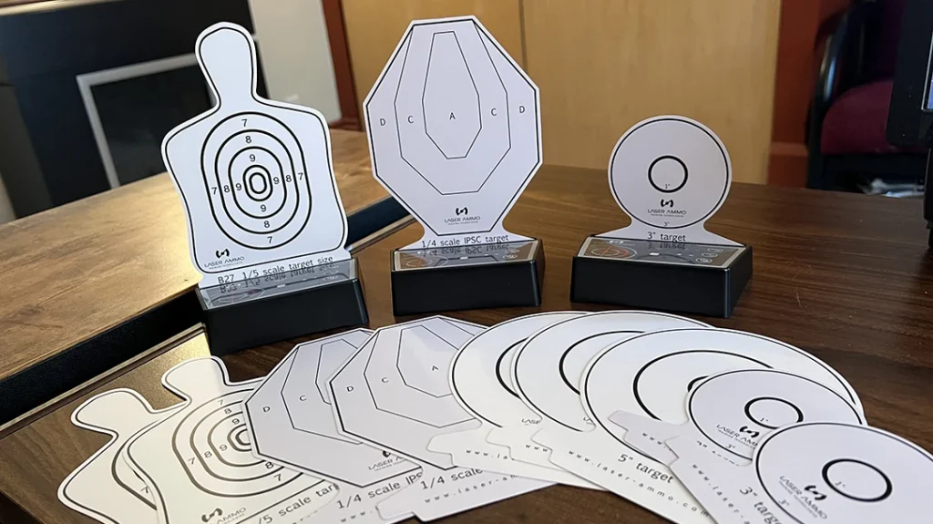 Each target in the Laser Ammo i-MTTS Arena features a base and four 3-5 inch cards, including a ¼-scale IPSC and 1/5-scale B27 target.