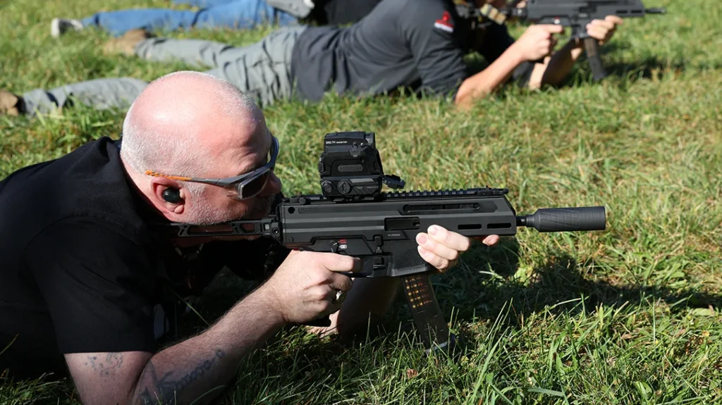 We zeroed at 50 yards from prone using five-shot groups.