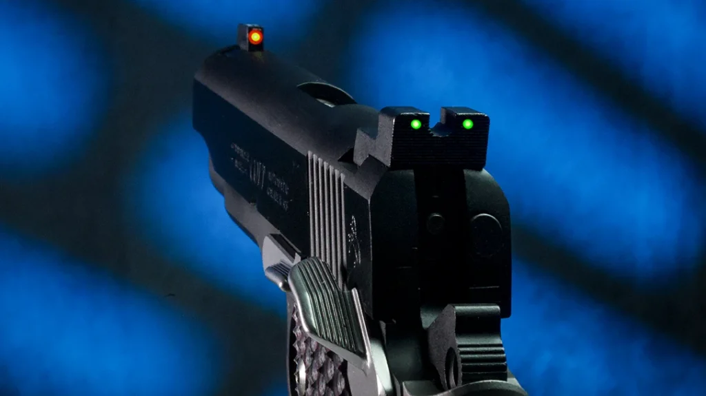 The carbon steel slide is paired with Novak night sights.