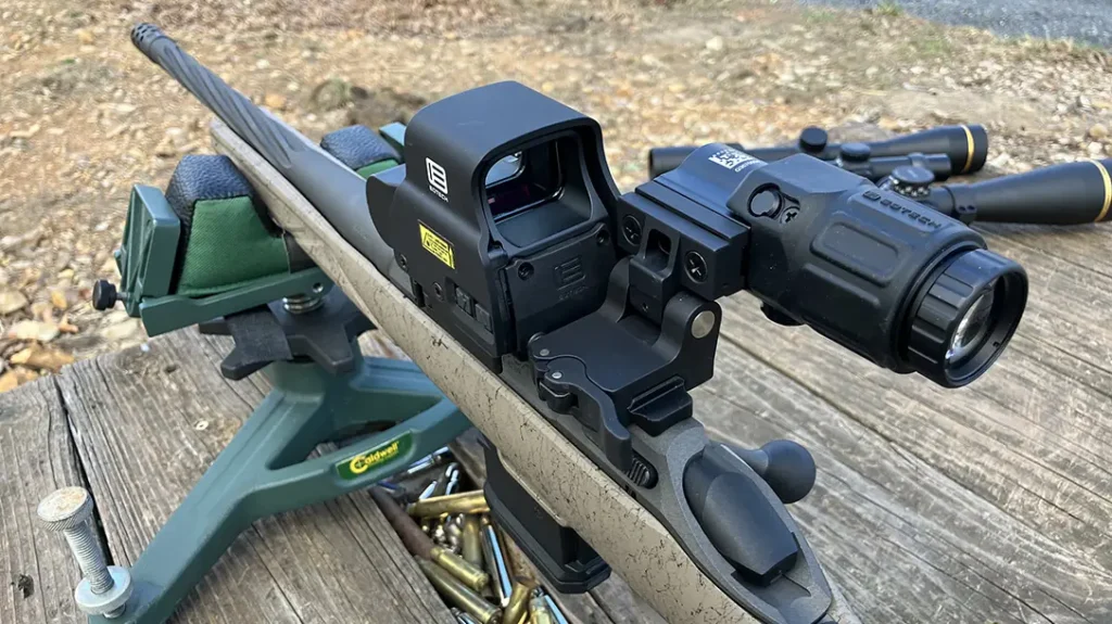 An EO TECH EXPS2-2 and G33.STS 3x magnifier combo was chosen for use on the Ruger G2 Ranch. The G33 3x magnifier sitting behind the EXPS2-2 is on a tilt mount, allowing it to be swung out of the way until the situation calls for its use.