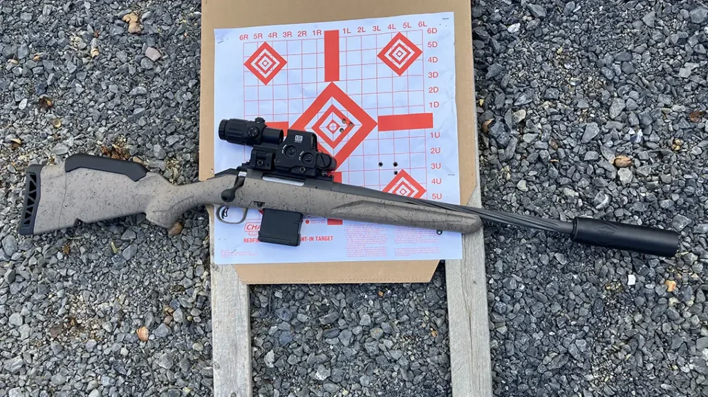 Three round groups at 50 yards were in the .75-inch range with the EO Tech combo. Group size remained consistent with or without suppressor attached.