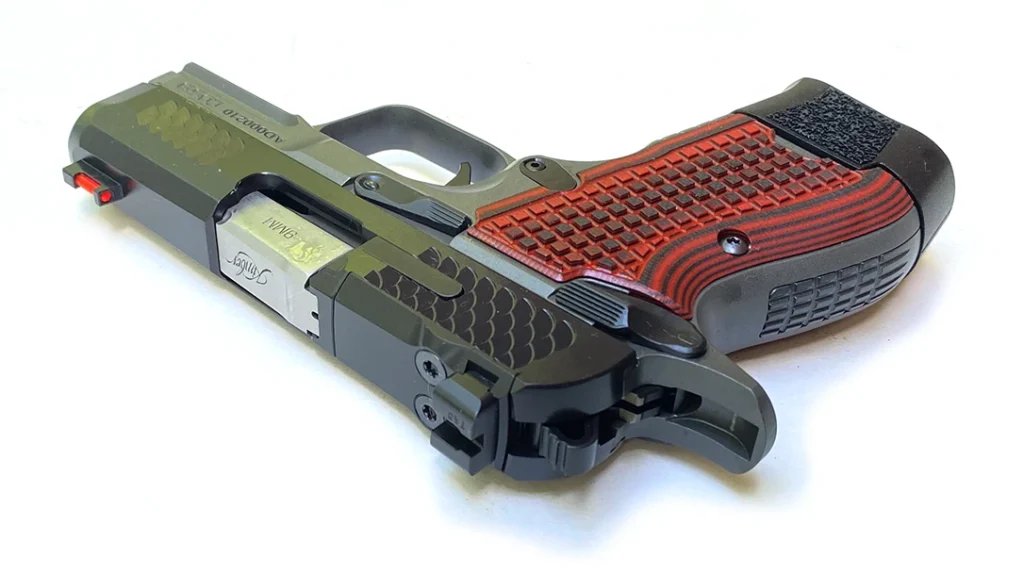 Unlike conventional auto-loaders with rectangular slide rails, the Kimber CDS9 Micro-Compact rails are more trapezoidal.