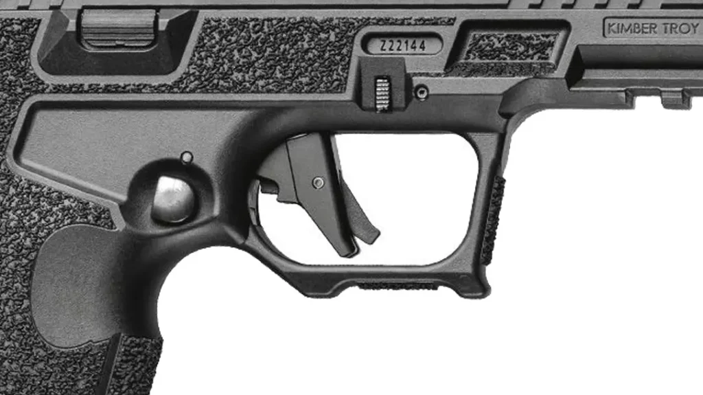 The Kimber R7 MAKO Carbon Compact has a flat-faced trigger, made of metal, and factory-set for a 5- to 6.75-pound pull.