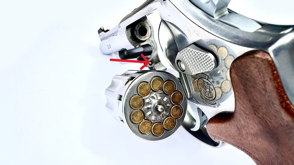 Like many of the latest S&W revolvers, the Lipsey’s Model 617 features a forward cylinder locking point on the front of the frame.