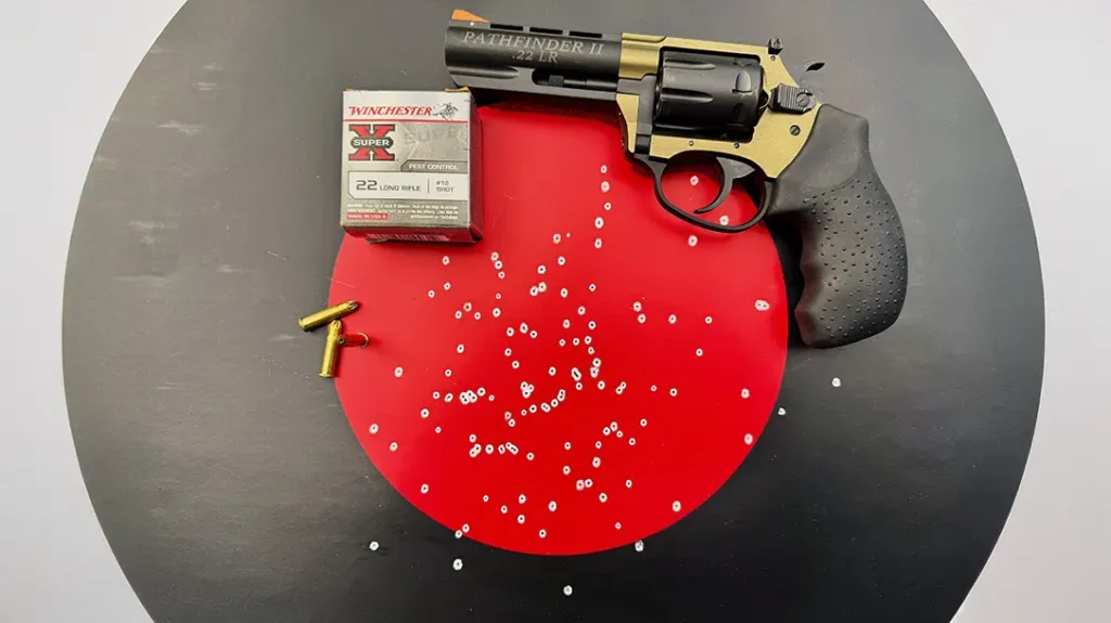 The author sent a large red-and-black Dirty Bird target out about 6-7 feet and shot it DA, using a center hold.