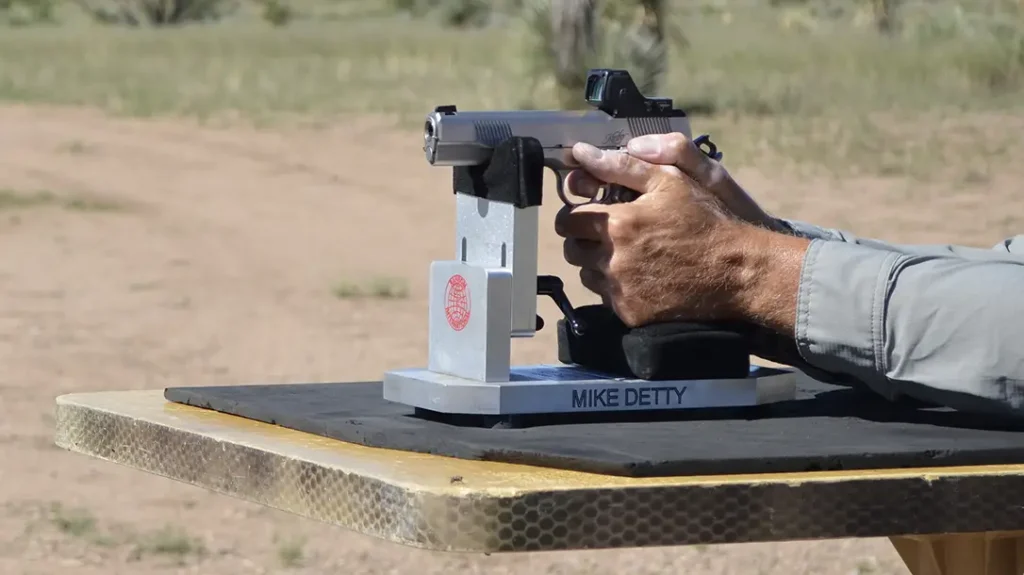 To test the pistol for accuracy, the author set my target stand out at 25 yards and fired all groups from a seated rest.