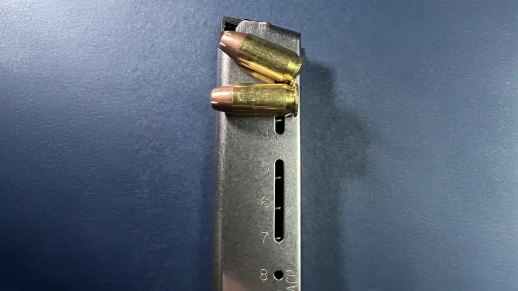 The forward gap is especially noticeable in 10-round 1911 magazines, where spring compression and stacking angle are taken to the extreme.
