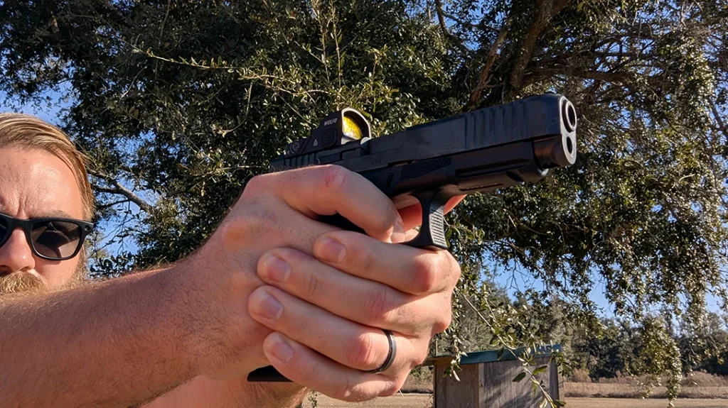 At 50 yards, I could land consistent shots in the A and C zones of an IPSC target fired from an offhand position.