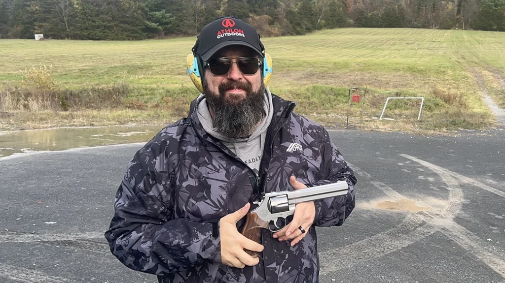 The gun’s finish is bead-blasted stainless steel, and the overall weight is 53 ounces.