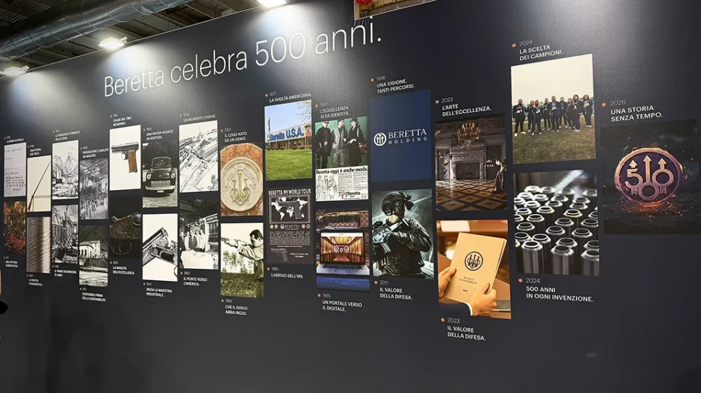 A long wall in the booth detailed the 500-year history of Beretta.