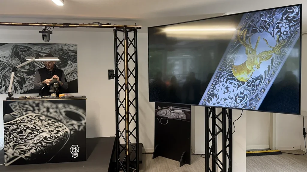 At the center of the engraving department, on a raised platform, was a demonstration, simulcast on the adjacent monitor, of each engraving technique and its application.