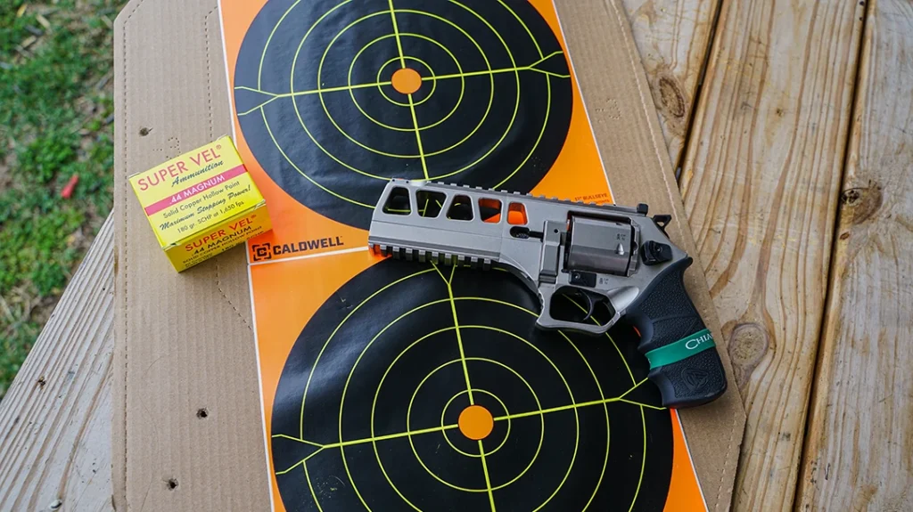 The ammunition the author used with the Chiappa Rhino 60DS was the 180-grain solid-copper hollow-point .44 Mag from Super Vel.