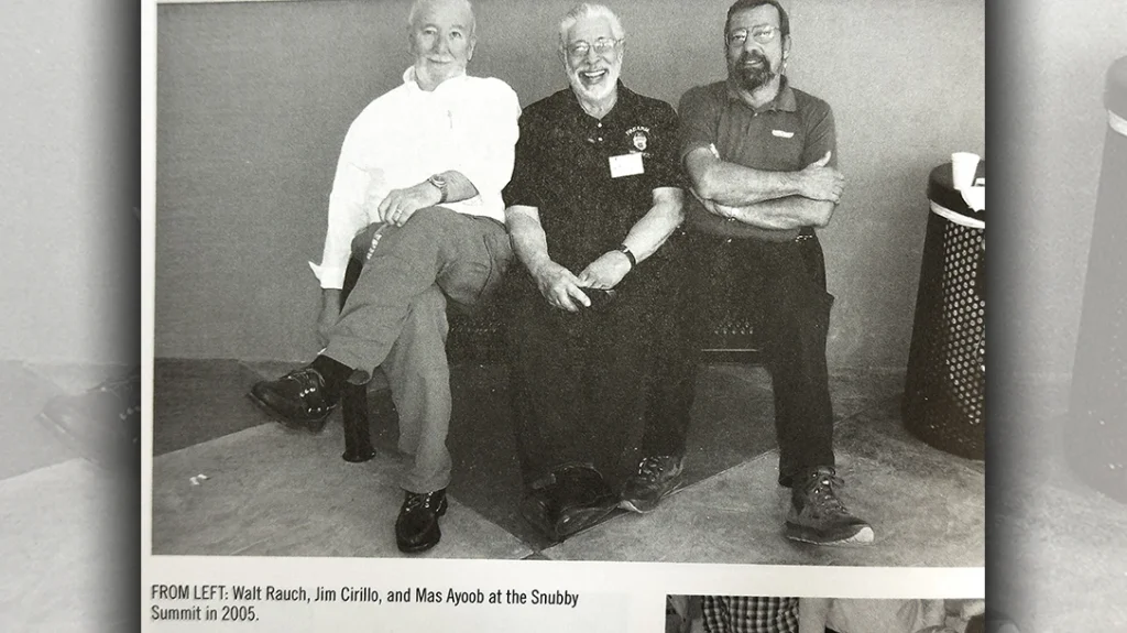 Author, far right, picked the brains of Walt Rauch (left) and Jim Cirillo (center), both advocates of competition as preparation for self-defense.