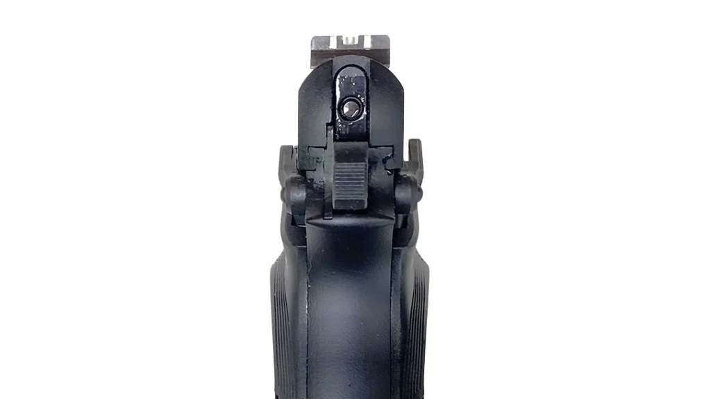 The L9A1 sights are the Hi-Power high-visibility “three white bar” style.