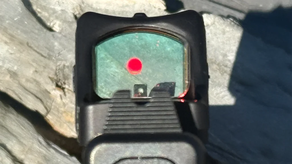 The Meprolight CRIS Backup Sights lined up nicely and co-witnessed low in the PMO screen.