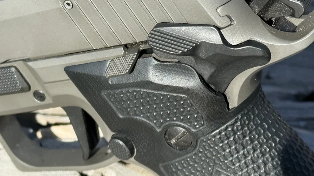 Unlike a typical single-action, there is no grip safety, and the slide can be manipulated with the safety on.