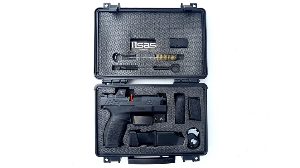 The Tisas PX-9 Carry Comp arrived in a lockable black plastic carrying case with a hinged lid and a compartmented foam-rubber interior.