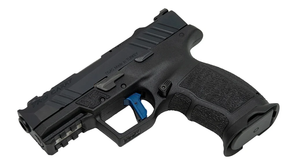 Blue in color, the aluminum flat-faced trigger has an integrated safety.