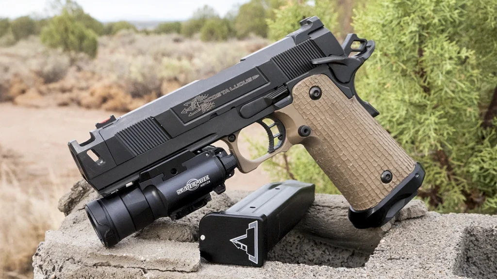 Compensated pistols are soft-shooting but can be loud with excessive flash, so it might be best not to use this one for training.