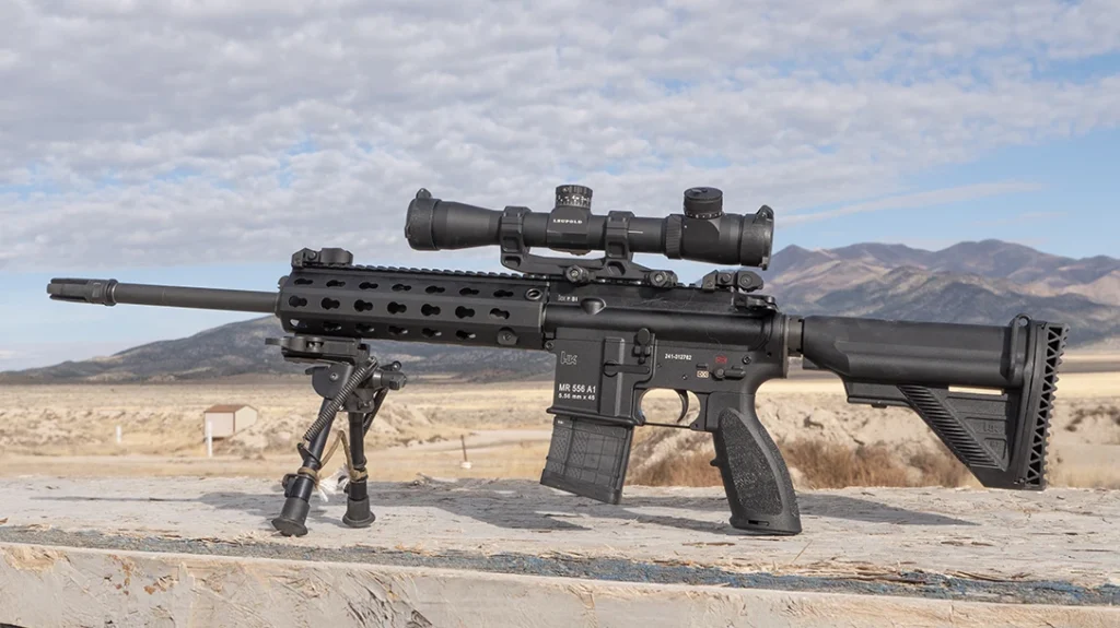 Scoped AR's like this HK MR556 work better at longer ranges.