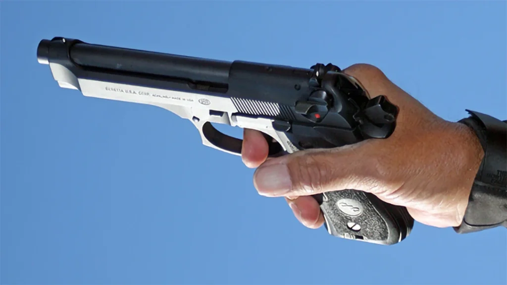 When shooting a pistol with a longer, heavier trigger pull, like a double-action pistol, you want to use the distal interphalangeal (DIP) joint on the trigger.