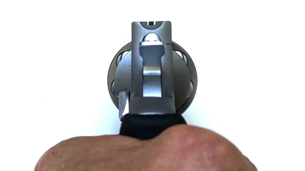 Unless the sun is directly behind you, the outline of the rear “U” notch, despite being stainless steel, looks dark.